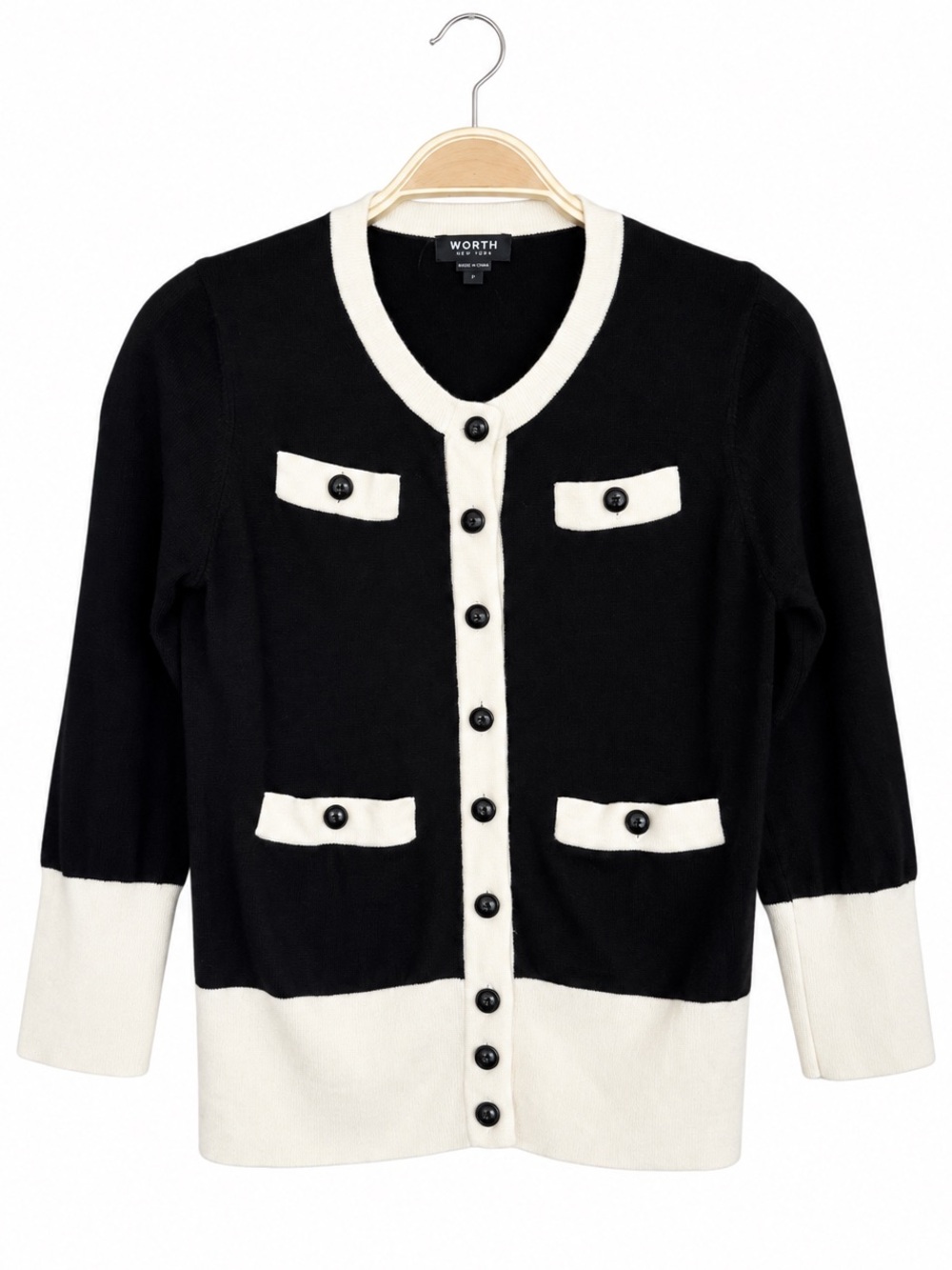 Worth New York 100% Wool‎ Cardigan Petite Black Cream Contrast Trim